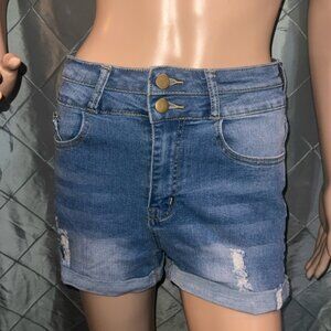 HOLYWIM Ripped Womens Jean Shorts High Waist Knee length Sz. S‎